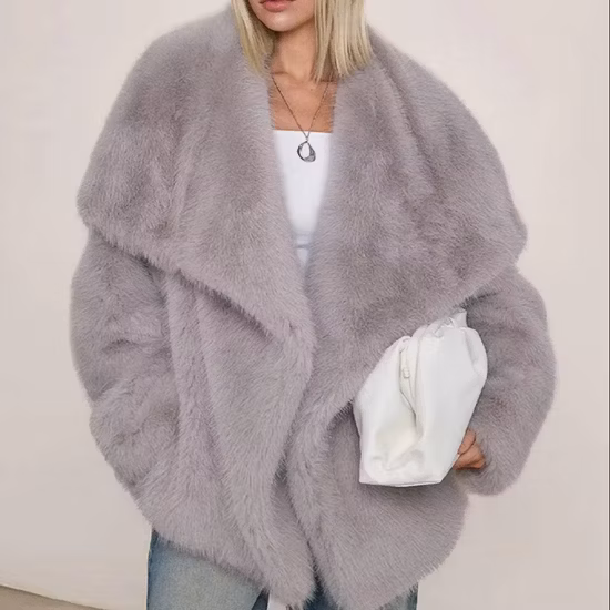 Faux Leather Bomber Jacket Cropped Real Fur Turn Down Collar Lamb Wool Coats for Woman Trendy