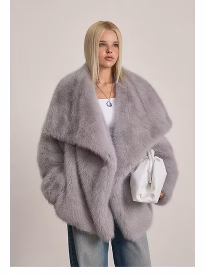 Faux Leather Bomber Jacket Cropped Real Fur Turn Down Collar Lamb Wool Coats for Woman Trendy